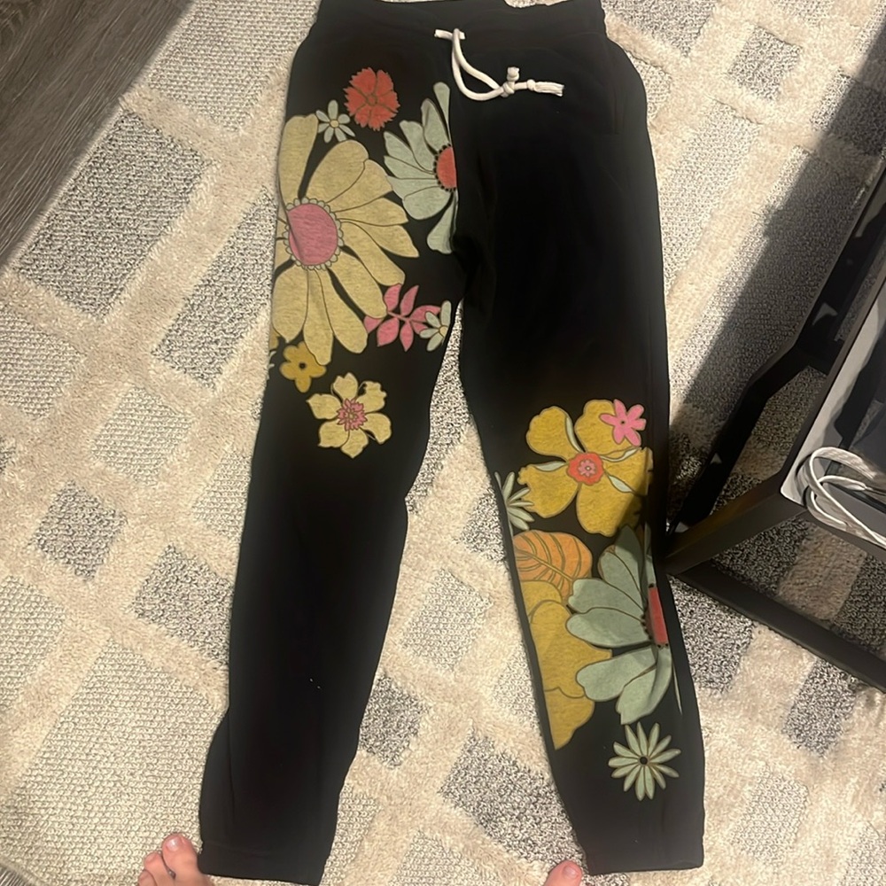 Urban Outfitters Black Joggers with Yellow, Pink & Green Floral Print